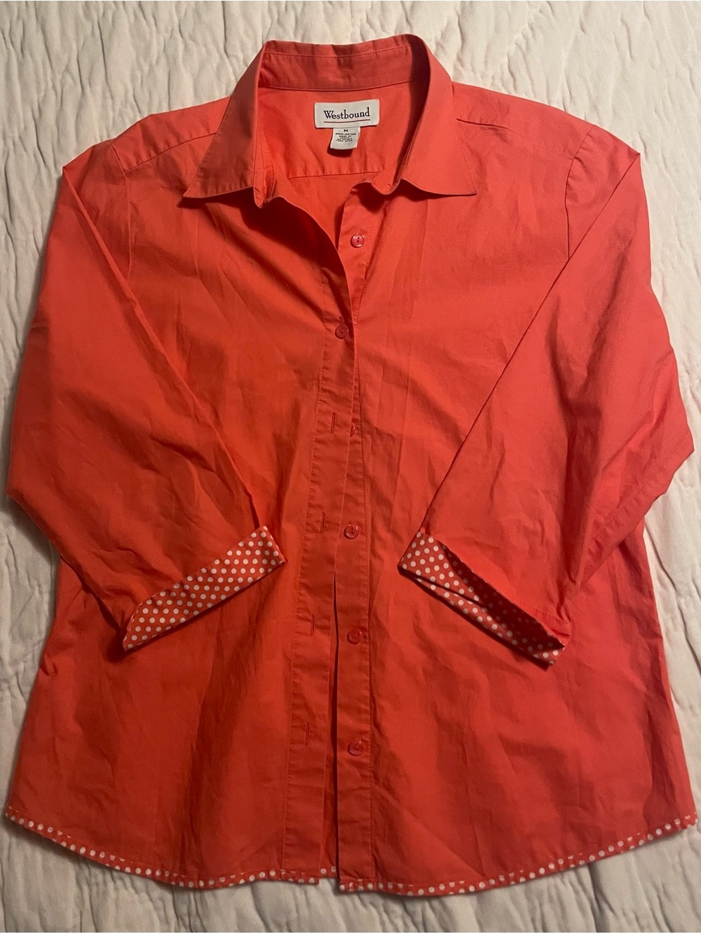 Westbound Coral Button-Front Shirt with Polka-Dot Trim